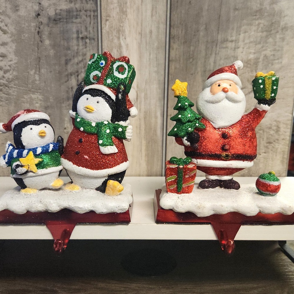 Christmas Stocking Mantel Holders Santa Penguins Glitter Resin Weighted Holiday